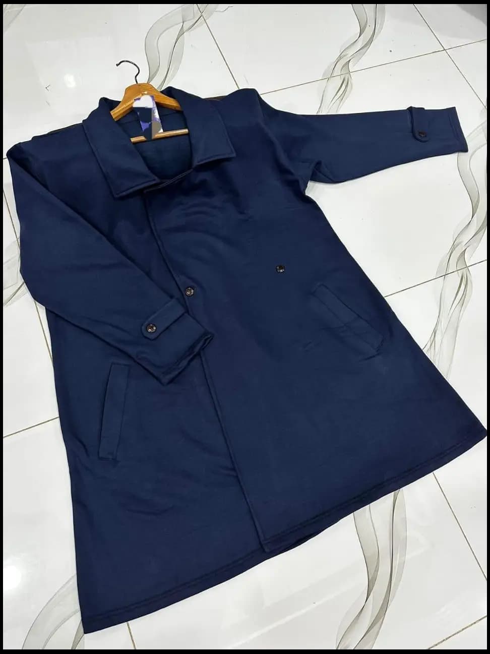Stylish blue Fleece Trench coat for women.