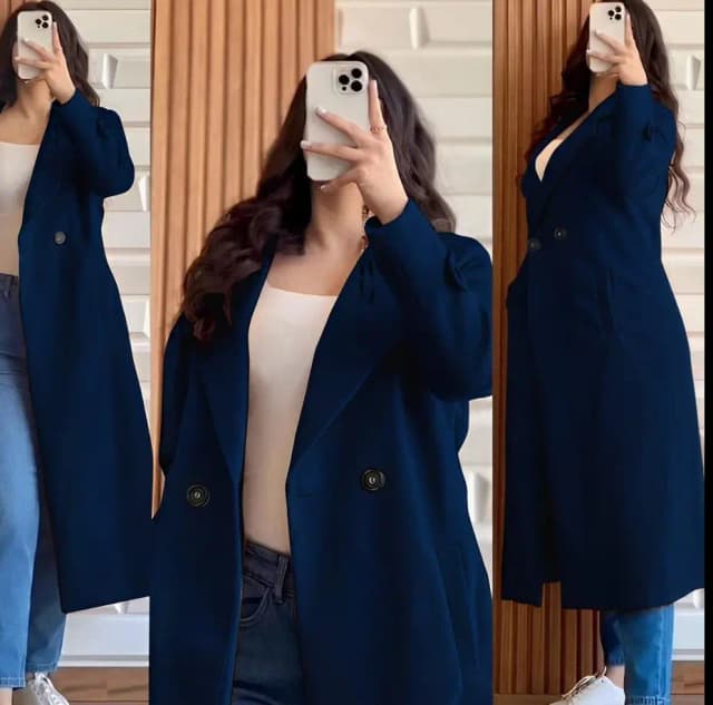 Stylish blue Fleece Trench coat for women.
